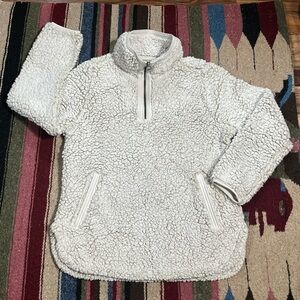Cozy Sherpa Ivory Cream 1/4 Zip Pullover with Pockets Faux Fur